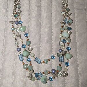 Artisan Multi Strand Blue Green Beaded Necklace 5845